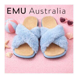 EMU Australia Mareeba Kids Faux Fur Slides Powder Blue Girls Size 1 Shoes NIB